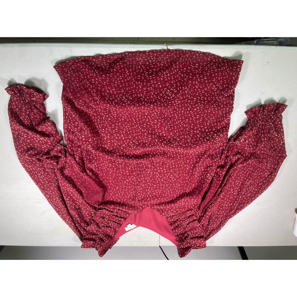 Entro Womens XL Burgundy Ruffle Blouse Animal Print Long Sleeve Boho Top